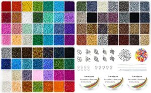Ybxjges 42000Pcs 2mm Glass Seed Beads 12/0 Small Tiny Beads Kit with 300Pcs Alphabet Letter Beads Pendants Charms Jump Ring Elastic String for DIY Bracelets Necklace Jewelry Making Supplies