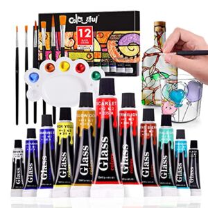 Colorful Acrylic Glass Paint Set with 6 Brushes, 1 Palette, 12 Colors Glass Paints for Wine Glass, Bulb, Waterproof Acrylic Enamel Paint Kit to Create Translucent Arts on Porcelain, Window & Ceramic