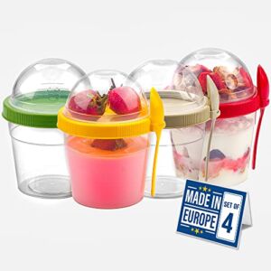 CRYSTALIA Yogurt Parfait Cups with Lids, Mini Breakfast On the Go Plastic Bowls with Topping Cereal Oatmeal or Fruit Container with Spoon for Lunch Snack Box, Portable & Reusable, Colorful Set of 4