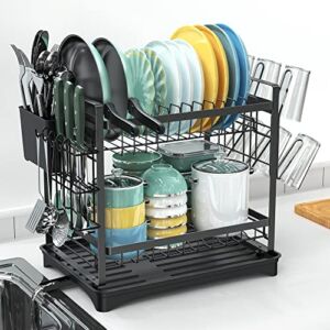Dish Drying Rack, 2-Tier Dish Rack with Drainboard Cutlery Holder Cup Holder, Rustproof Dish Drainer for Kitchen Counter