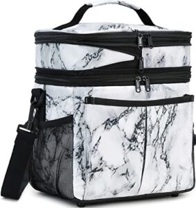 Large Insulated Lunch Bag Women Men Dual Compartment Reusable Lunch Box Soft Portable Leakproof Cooler Bag with Removable Adjustable Shoulder Strap (Marble)