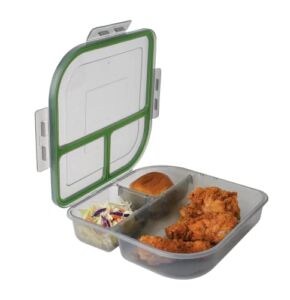 MyGo Container Large To-Go 3-Compartment Food Container, 9-3/8″ X 9-3/8″ X 2-1/2″, Reusable, Microwave Safe, NSF Certified, Smoke/Green