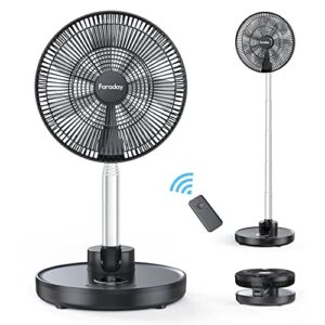 Faraday Oscillating Standing Fan 12” Foldable Portable Quiet Floor Fan 12000mAh Rechargeable Pedestal Fan with Remote, Timer Setting, Height Adjustable Foldaway Fan for Bedroom Home Office, 6 Speed