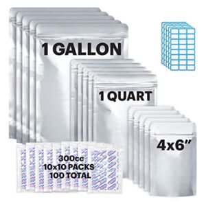 RIVUO 100 Mylar Bags For Food Storage With Oxygen Absorbers 300cc and Labels – 10.2 Mil Total/5.1 Mil Single Side Thickness – 10″x14″, 6″x9″, 4″x6″- 100 Oxygen Absorbers 300cc (10 Packs of 10)