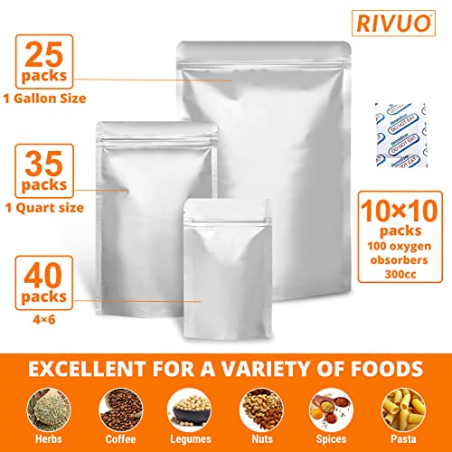 RIVUO 100 Mylar Bags For Food Storage With Oxygen Absorbers 300cc and Labels – 10.2 Mil Total/5.1 Mil Single Side Thickness – 10″x14″, 6″x9″, 4″x6″- 100 Oxygen Absorbers 300cc (10 Packs of 10) | The Storepaperoomates Retail Market - Fast Affordable Shopping