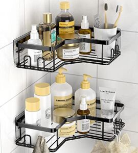 Corner Shower Caddy, Shower Organizer Corner Shower Shelf with 8 Hooks,2-Pack Adhesive Stainless Steel MAXIFFE Shower Shelves for Bathroom Storage (Matte Black)
