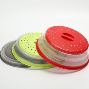 Pack of 3, Collapsible Microwave Food Cover BPA free TPR, 10.5inch, round with grip handle RED+GREEN+GREY