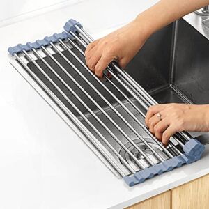 MECHEER Over The Sink Dish Drying Rack, Roll Up Dish Drying Rack Kitchen Dish Rack Stainless Steel Sink Drying Rack, Foldable Dish Drainer, Gray (17.5”x11.8”)