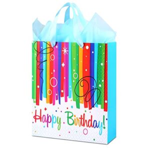 Loiyadn Gift Bags – 1 Pack Large Happy Birthday Gift Bags, 12.59″ x 7.87″ x 3.93″, Gift Paper Bags with Ribbon Handle, Color Wrapping Paper and Greeting Card, Perfect for Gifts Wrapping