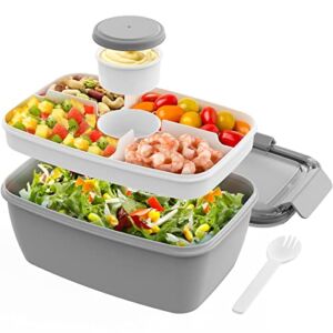 Salad Lunch Container,Cherrysea 68oz Salad Bowls with 4 Compartments Tray,Leak Proof Lunch Box with Fork for Men,Women BPA-Free Snack Container with Sauce Container for Dressings-Grey