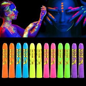 12 Pcs Glow in The Black Light Body Face Paint, UV Crayons Kit Fluorescent Body Paints for Adults, Face Painting Kit for Birthday Party Halloween Masquerade Makeup Outdoor for Kids