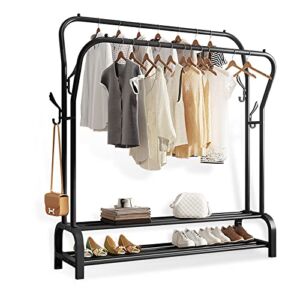 Garment Rack Free standing Clothes Hanger with Double Rods Upgrade Multi-functional Storage Shelf Coat Rack 4 Hooks Black