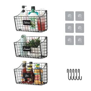 Wall Mounted Bin Basket with 5 Hooks 3 Label Plate Adhesive-3 Pack, Cabinet Hanging Metal Wire Basket,Rustic Farmhouse Decor, Storage Organization Shelf for Pantry Kitchen Bathroom 10.6*7.5*5.1inch