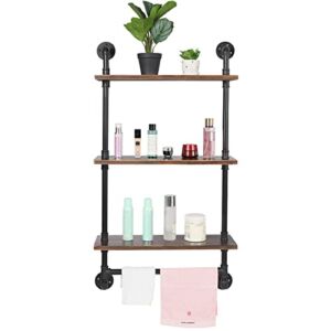 AKVOMBI Industrial Pipe Shelf, 3 Tier Floating Bathroom Shelves with Towel Bar, 24” Rustic Wall Mounted Shelving for Storage, Rustic Brown