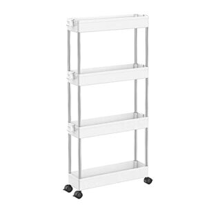 Mojoyce 4 Tier Storage Cart Mobile Shelving Unit Organizer Slide Out Storage Rolling Utility Cart Tower Rack for Kitchen Bathroom Laundry Narrow Places, Plastic & Stainless Steel