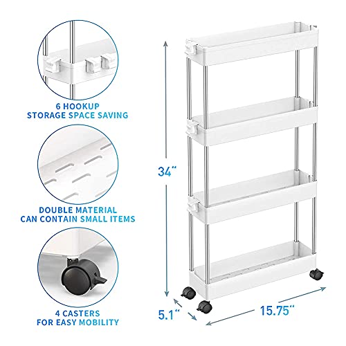 Mojoyce 4 Tier Storage Cart Mobile Shelving Unit Organizer Slide Out Storage Rolling Utility Cart Tower Rack for Kitchen Bathroom Laundry Narrow Places, Plastic & Stainless Steel | The Storepaperoomates Retail Market - Fast Affordable Shopping