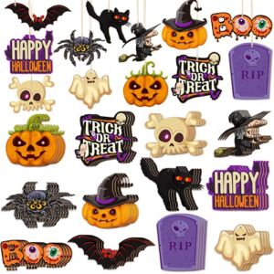 36 Pieces/12 Styles Halloween Wooden Ornaments Halloween Party Hanging Embellishments Pumpkin Bat Witch Spider Ornaments with 11 Yards Natural Rope for DIY Crafts Party Decorations