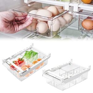 Pumboom 2-PACK Refrigerator Organizer Bins with Handle, Freely Pull-out Fridge Drawer Organizer with 4 Divided Sections Design, Fridge Organizers and Storage Clear, Fit for Fridge Shelf Under 0.6″