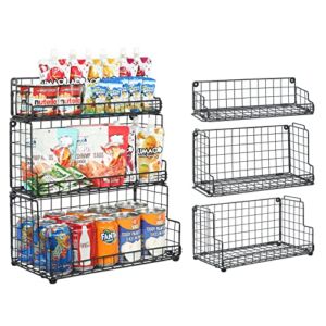 X-cosrack Stackable Wire Basket 3 Tier Countertop& Wall Mounted Metal Storage Basket for Kitchen Pantry Cabinet, Muti-functional Open Front Bin Organizer for Food Fruit Snack, Black
