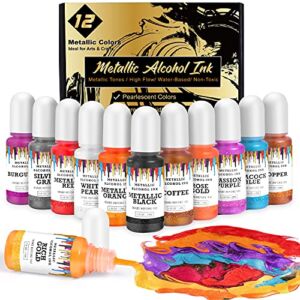 Metallic Alcohol Ink Set-12 Metal Colors Alcohol Ink,Metallic Alcohol Inks for Epoxy Resin Coloring,Concentrated Shimmer Alcohol Paint Color Dye,Resin Petri Dish,Resin Art,Ink for Resin(12 x 10ml)