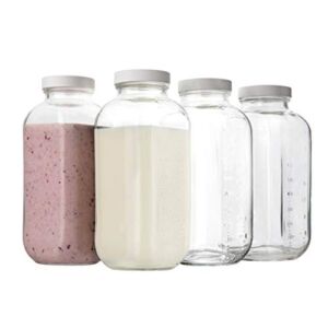 kitchentoolz 32oz Square Glass Milk Bottle with Plastic Airtight Lids, Reusable Dairy Drinking Containers for Refrigerator with Measurement Marks, Yogurt, Smoothies, Kombucha, Water- 4 Pack