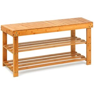 JMLHMXC Bamboo Shoe Rack Bench, 34”L*12.5”W*17.5”H Extended Edition 3-Tier Shoe Rack for entryway,Wooden Shoe Shelf Organizer Holds up to 300 lbs Ideal for Hallway Bathroom Living Room Mudroom