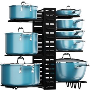 SOCONT Pot and Pan Organizer for Cabinet, Adjustable 8 Tiers Pans Pots Lid Organizer Rack Holder with 3 DIY Methods, Hanger Stacker Organizer Stand for Kitchen Counter and Cabinet