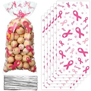100 Pieces Breast Cancer Awareness Cellophane Treat Bags Pink Cellophane Bags Hope Courage Love Goodie Bags with 100 Silver Twist Ties for Business Event Charity Party Supplies