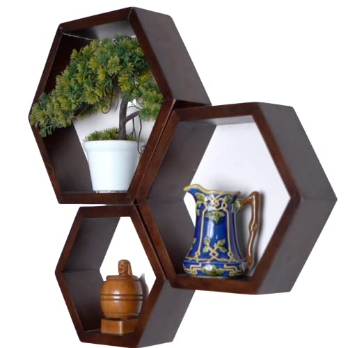 Hexagon Floating Shelves Wooden, Dark Rustic Farmhouse Honeycomb Wall Home Decor Thick Set of 3, Retro Bathroom Bedroom Living Room Kitchen Storage | The Storepaperoomates Retail Market - Fast Affordable Shopping