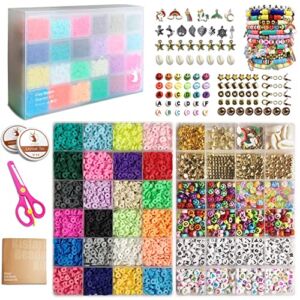 Kistart 7200 Clay Beads for Bracelets Making 2 Boxes Heishi Beads kit with Smiley Face Beads, Preppy Beads, Trendy Charms – 24 Colors Flat Round Polymer Clay Beads Bead Kit Christmas Gifts for Girl