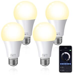 HUTAKUZE Smart Light Bulbs, WiFi+BLE Smart Bulb, LED Bulb Work with Alexa & Google Assistant, A19/E26, 9W 120V 806lm, Schedules, Dimmable, Biorhythm, No Hub (4 Pack)