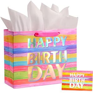 SUNCOLOR 13″ Large Gift Bag with Card and Tissue Paper (Colorful Happy Birthday)