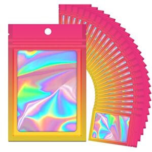 100 Pieces Resealable Mylar Ziplock Bags, Holographic Gradient Bags with Clear Window, Packaging Pouch Party Bags Sample Bags (Hot Pink&Orange, 3.5×4.7 Inch)