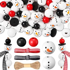 180 Piece Christmas Snowman Wooden Bead Winter Wooden Bead Christmas Buffalo Plaid Wood Round Bead Christmas Print Wooden Beads with DIY Twine Scarf Wooden Beads for Crafts (Cute Pattern)