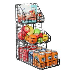 3 Tier Stackable Narrow Wire Basket for Pantry Organization and Storage, Metal Snack Organizer, Multifunctional Storage Basket for Snacks Fruits Vegetables Canned Food Soda Drinks, Black