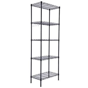 Likein 5-Tier Metal Storage Shelves, Adjustable Wire Shelving Unit with 4 Hooks, Heavy Duty Organizer Storage Rack with Leveling Feet for Garage, Kitchen, Pantry, Closet(22L x 12W x 59.3H) Black
