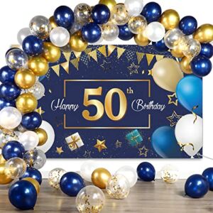 Navy Blue 50th Happy Birthday Party Decorations Blue and Gold 50 Birthday Photography Backdrop Banner Confetti Balloons Arch Kit for Men Women 50th Birthday Party Decorations Supplies