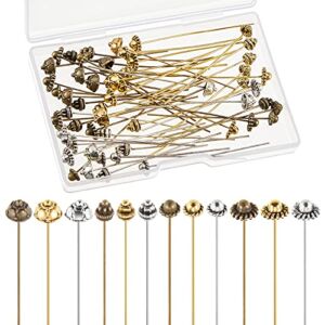60 Pieces Jewelry Head Pins Flower Beads Ball Head Pins Needles Classical Flower Long Head Pins with Clear Box for Jewelry Making Earring Bracelet, 3 Colors (Classic Style)