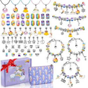 Anicco Charm Bracelet Making Kit with Beads, Pendant Charms, Bracelets, and Necklace for DIY Craft Gifts for Teen Girls Age 8-12, with a Unicorn Gift Box and Storage Bag