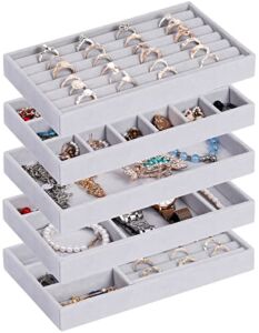 Jewelry Organizer Tray, 5 Pcs Stackable Velvet Jewelry Organizer For Drawer, Jewelry Storage Display Trays Showcase For Dresser Insert, Earring Bracelet Necklace Ring Organizer Holder, Gift For Women
