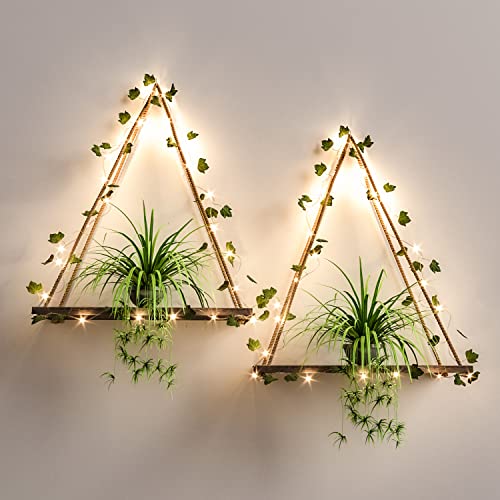 Artificial Ivy LED-Strip Wall Hanging Shelves Set of 2, Hanging Plant Shelf, Macrame Wall Hanging Shelf for Bedroom Bathroom Living Room Kitchen, Wood Hanging Plant Shelves for Wall Décor | The Storepaperoomates Retail Market - Fast Affordable Shopping