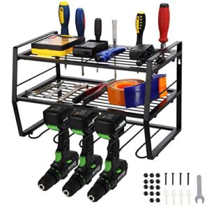 YAKANJ Heavy Duty Floating Tool Shelf, 3 Tier Metal Power Tool Storage Rack with 4 Slots, Garage Tool Storage Rack Organizer