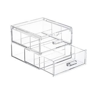 TIDYENDURE Clear Acrylic 2-Drawer Compact Storage Organization Drawers Set Sunglasses Supplies, Used in Bathroom, Dorm, Desk, Countertop, Office 7.24”x7.56”x5.6” (Transparent)