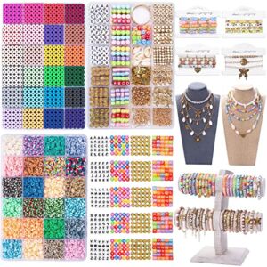 BOZUAN 13994PCS Polymer Clay Beads for Bracelet Making Kit,48 Colors 6mm Heishi Beads kit with 600 Letters Beads 20 Smiley Beads 4 Roll Elastic Strings Flat Beads for Jewelry Making
