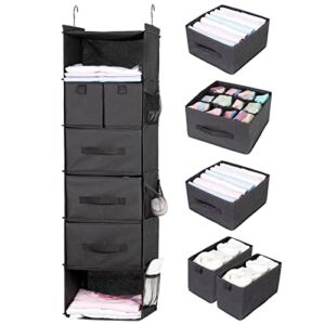 Bosuelife 6-Shelves Hanging Closet Organizer with 5 Different Drawers, Foldable Closet Organizers and Storage for Wardrobe, Closet& RV, Clothes and Accessories Storage, Non-Woven Fabric, Black