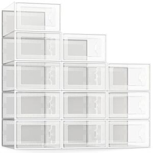SEE SPRING 12 Pack Shoe Storage Box, Clear Plastic Stackable Shoe Organizer for Closet, Space Saving Foldable Shoe Sneaker Containers Bins Holders