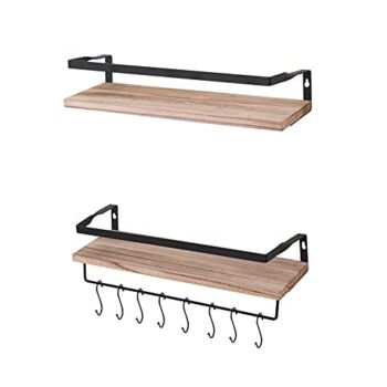 INSTORY Set of 2 Floating Shelves Wall Mounted Shelf Solid Wood Hanging Shelf Wall Storage Shelves with Protective Guards Towel Holders and Hooks – Natural Wood | The Storepaperoomates Retail Market - Fast Affordable Shopping