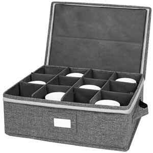 Cup and Mug Storage Box, China Storage Containers Chest with Zipper Lid and Handles, Holds 12 Coffee Mugs and Tea Cups, Hard Shell and Stackable (Grey)