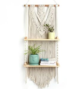 Macrame Wall Hanging Shelf 2-Tier – Boho Bedroom Decor | Macrame Wall Decor | Boho Shelf Decor, Hanging Shelves for Wall, Woven Rope Floating Wood Shelves & Storage for Small Plants Books Photos
