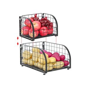 JKsmart Fruit and Vegetable Basket, Stackable Countertop Tiered Baskets for Potato Onion Storage,2-Tier Wall-mounted Kitchen Wire Storage Baskets for Fruit Veggies Produce Snack Canned Foods,Black